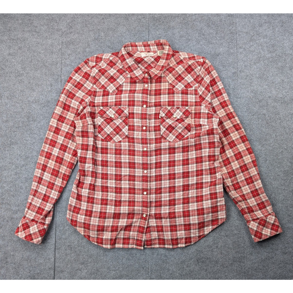 Levis Pearl Snap Shirt Womens XL Red Plaid Western Cowgirl Rodeo Yoke Layering